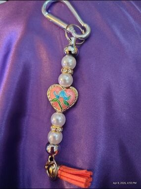Heart Floral Pearl Tassel Keychain - Pink & Blue Enamel